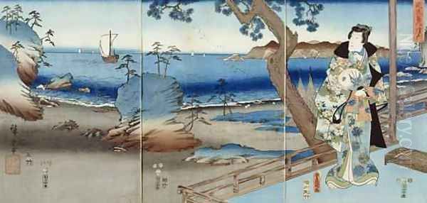 Prince Genji watching at the Suma Beach Oil Painting by Utagawa Hiroshige & Kunisada