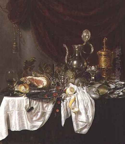 Still life with a ham overturned nautilus cup and oysters on a draped table Oil Painting by G.W. & Ring, P. de Heda