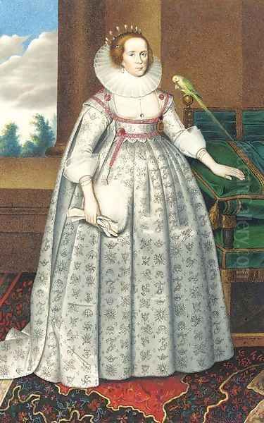 Portrait of Elizabeth Countess of Suffolk, full-length, standing beside a parrot Oil Painting by George Perfect Harding