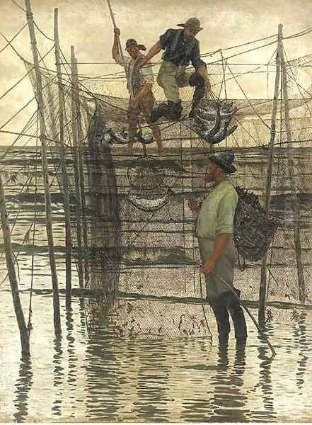 Emptying a salmon net Oil Painting by George Sherwood Hunter