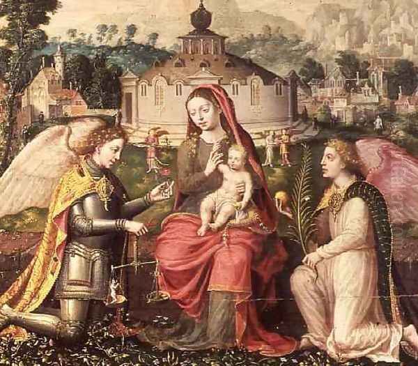 Virgin and Child with the Archangels Michael Gabriel and Raphael Oil Painting by Lucas de Heere