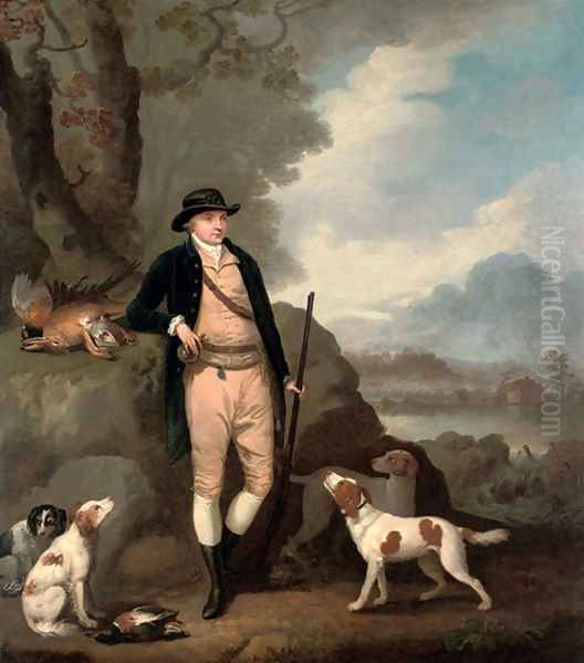 Portrait of George Farmer of Witton Manor, Staffordshire, full-length, with his dogs, in a landscape Oil Painting by Moses Haughton