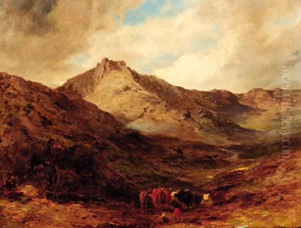 Highland cattle in a mountainous landscape Oil Painting by Edward Hargitt