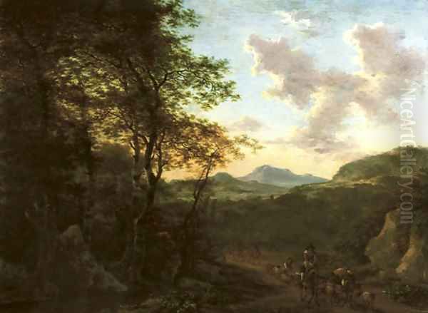 An Italianate wooded landscape with a peasant on his mule driving sheep on a track, a river and mountains beyond Oil Painting by Willem de Heusch