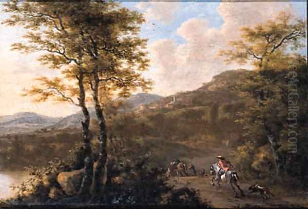 A sportsman and a muleteer on a road, in an Italianate landscape Oil Painting by Willem de Heusch