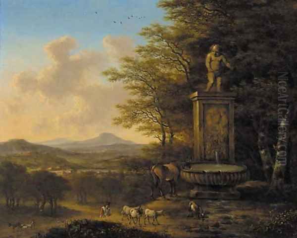 An extensive landscape with a shepherd and his flock at a fountain Oil Painting by Willem de Heusch