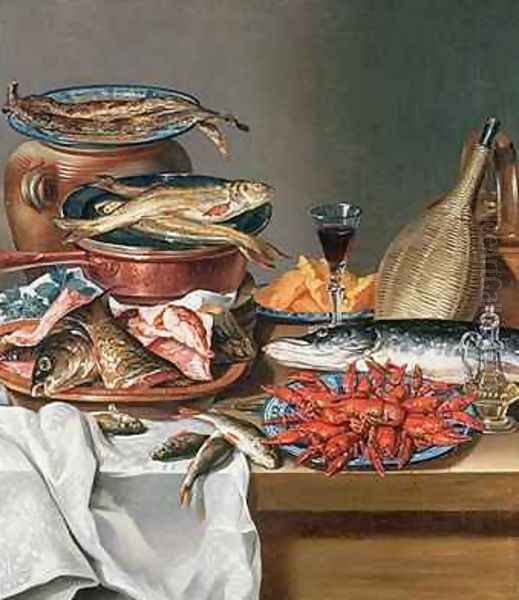 A Still Life of a Fish Trout and Baby Lobsters Oil Painting by Anton Friedrich Harms