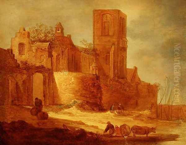 A ruined abbey by a waterway with peasants and cattle in the foreground Oil Painting by Frans de Hulst