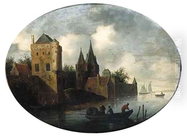 A fortified town on a river, with fishermen in a rowing boat, on a cloudy day Oil Painting by Frans de Hulst