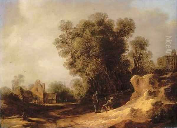 A landscape with peasants resting on a bank, a village beyond Oil Painting by Frans de Hulst