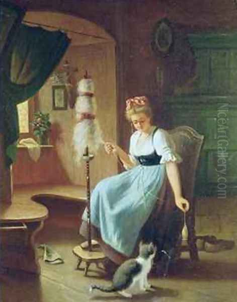 Girl at a Spinning Wheel Oil Painting by H Harcourt