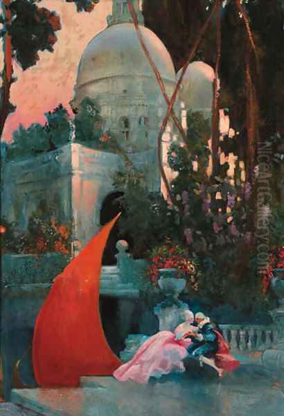 A courting couple in a garden, the S. Maria della Salute beyond Oil Painting by Hal Hurst