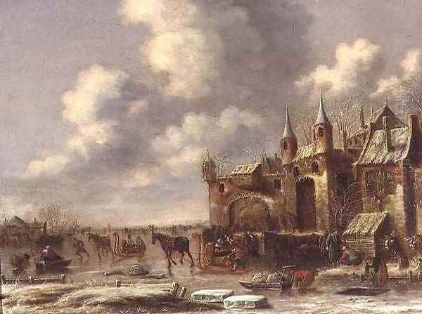 Townsfolk on the ice by a town gate Oil Painting by Thomas Heeremans