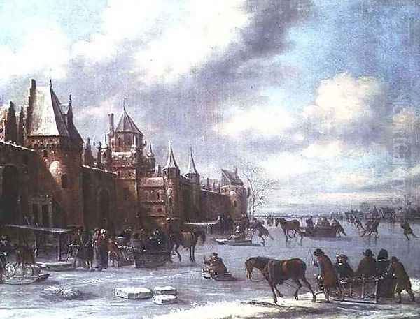 Dutch estuary scene with figures skating and a castle beyond Oil Painting by Thomas Heeremans