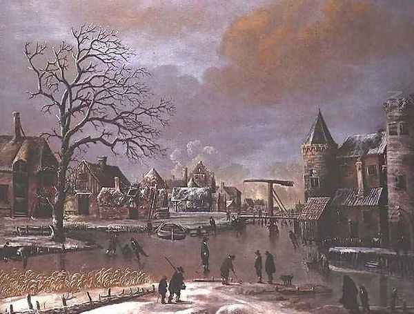 Skaters on a frozen canal Oil Painting by Thomas Heeremans