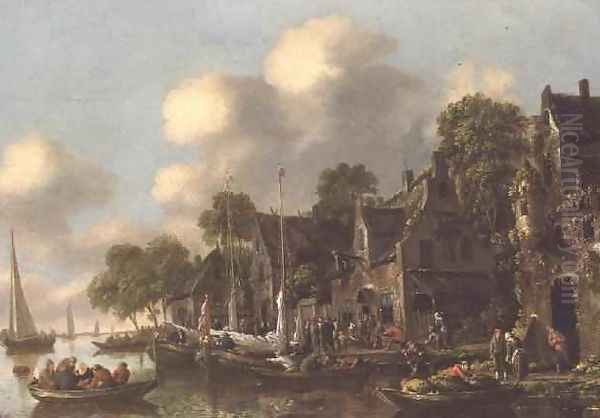 A river landscape with boats and figures by a tavern Oil Painting by Thomas Heeremans