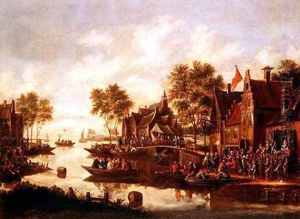 A village kermesse with players on a stage by an inn and men drinking in boats Oil Painting by Thomas Heeremans