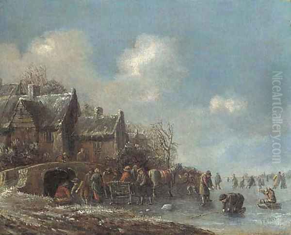 A winter landscape with villagers on a frozen lake Oil Painting by Thomas Heeremans