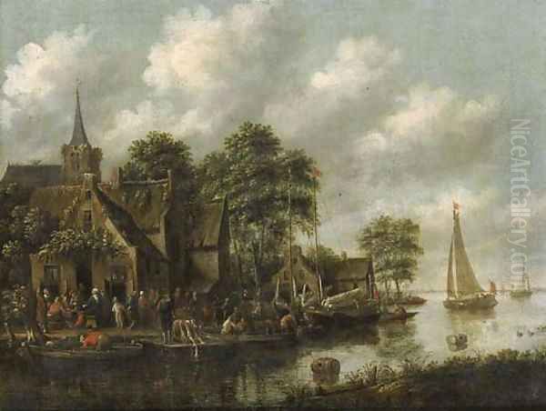 An inn by a river with moored sailing vessels and a washerwoman on a jetty Oil Painting by Thomas Heeremans