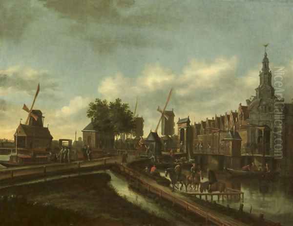 The 'Haarlemmer Poort' in Amsterdam with figures on a road and in boats Oil Painting by Thomas Heeremans