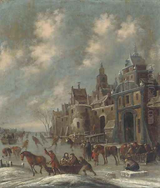 A winter landscape with skaters by a walled town Oil Painting by Thomas Heeremans