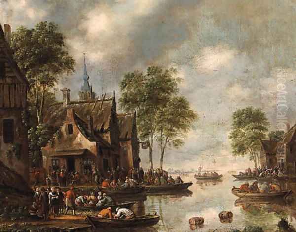 Figures before the Swan Inn on the Banks of a River Oil Painting by Thomas Heeremans