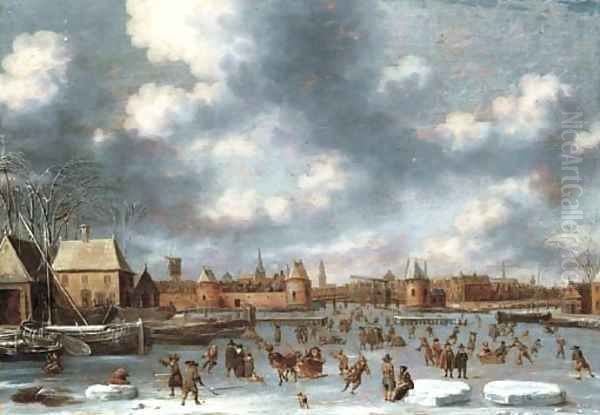 Figures skating on a frozen lake Oil Painting by Thomas Heeremans