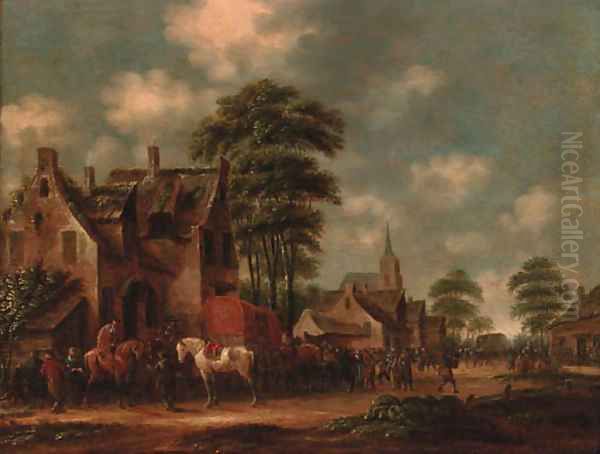 A coaching party halting in a village street Oil Painting by Thomas Heeremans