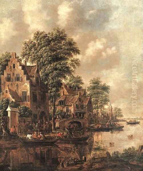 A populated village at the banks of a river Oil Painting by Thomas Heeremans