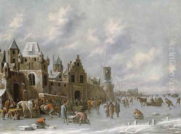 Figures on a frozen canal by a walled town Oil Painting by Thomas Heeremans