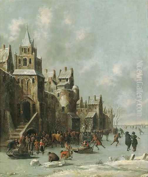 Townsfolk skating and sledging on a frozen moat before a town wall Oil Painting by Thomas Heeremans