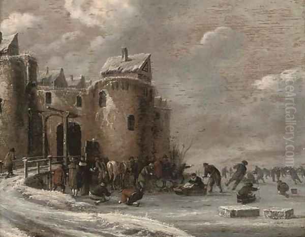 A frozen winter landscape with skaters by a fortified town gate Oil Painting by Thomas Heeremans