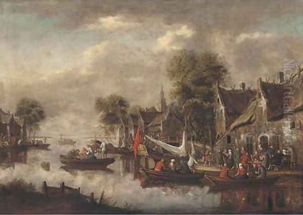 A river landscape with figures merrymaking in boats and outside an inn Oil Painting by Thomas Heeremans