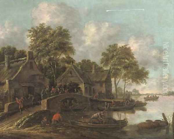 A river landscape with fishermen bringing in their catch and villagers conversing on a bridge Oil Painting by Thomas Heeremans