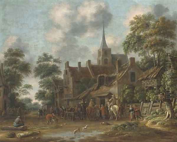 A town with horseman and other figures drinking outside an inn Oil Painting by Thomas Heeremans