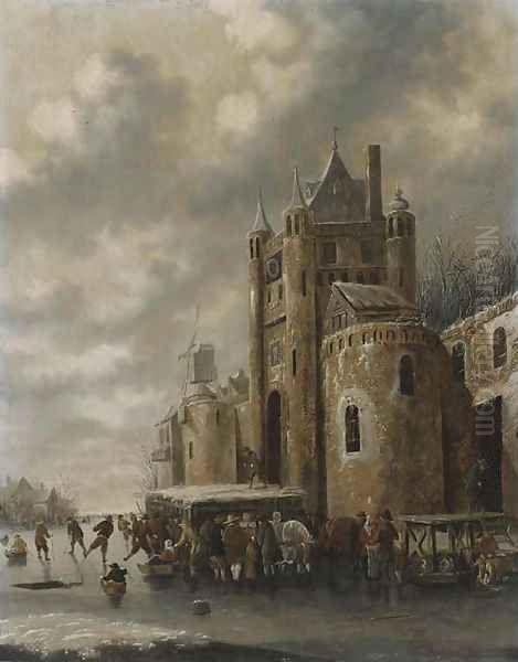 A winter landscape with townsfolk skating and sledging on a frozen river before a castle Oil Painting by Thomas Heeremans