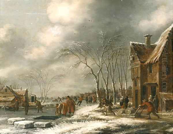 A Winter Landscape with Villagers on a frozen Waterway Oil Painting by Thomas Heeremans