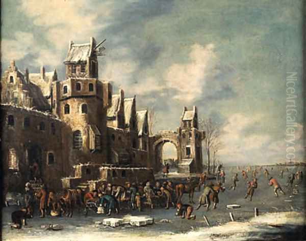 A winter landscape, with skaters and horse-drawn sledges beneath the walls of a town Oil Painting by Thomas Heeremans