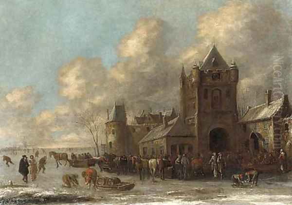 Townsfolk skating and sledging on a frozen moat before a town Oil Painting by Thomas Heeremans