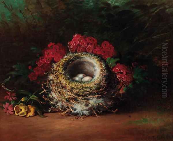 Apple blossom, bird's nests and eggs on a mossy bank Oil Painting by Tom Hold