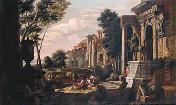 Capriccio's of Roman ruins with beggars meeting tourists and soldiers giving directions to travellers Oil Painting by Johann Oswald Harms