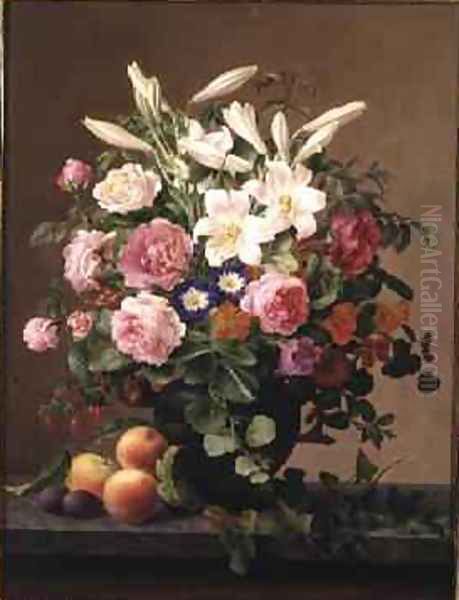 Still Life with Flowers and Fruit Oil Painting by V. Hoier