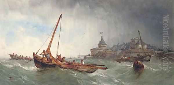 Fishing vessels in a squall off Saint Malo, France Oil Painting by Alfred Herbert