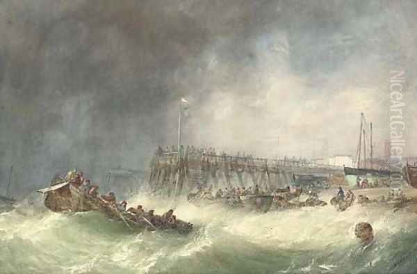 Local craft salvaging wreckage offshore at Great Yarmouth, with townspeople on the beach recovering barrels as bystanders watch from the pier Oil Painting by Alfred Herbert