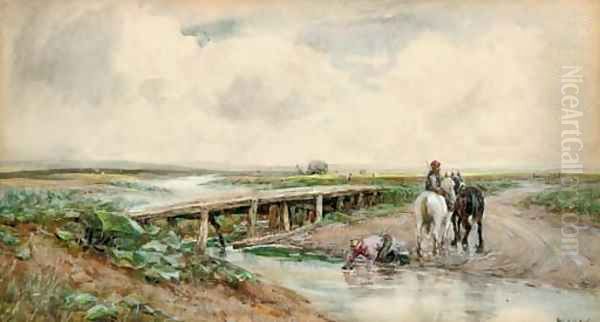 Farmers watering their carthorses Oil Painting by Claude Hayes