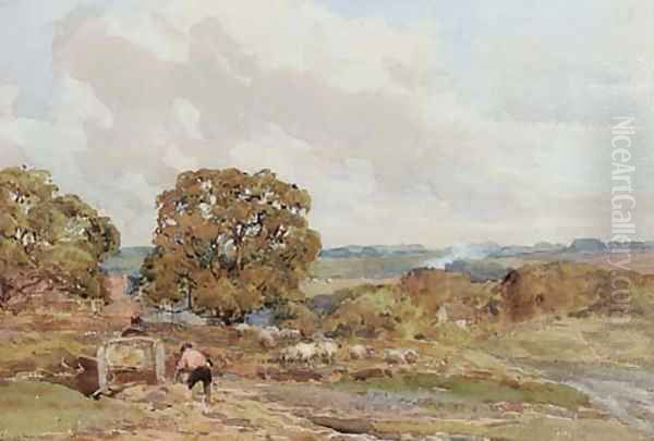 Figures loading a cart in a landscape Oil Painting by Claude Hayes