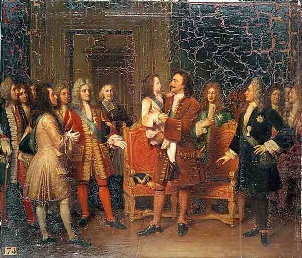 Louis XV 1710-74 Visiting Peter I 1672-1725 the Great at lHotel de Lesdiguieres Oil Painting by Louise Marie Jeanne Hersent