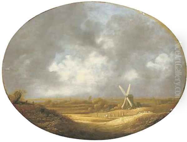 An extensive landscape with peasants harvesting wheat by a windmill, an estuary beyond Oil Painting by School Of Haarlem