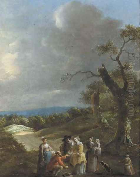 Elegant company on a wooded track Oil Painting by School Of Haarlem