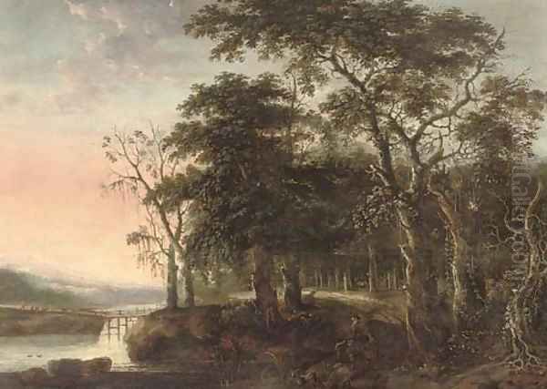 A wooded river landscape with a herdsman on a donkey and a flock of goats on a track Oil Painting by School Of Haarlem